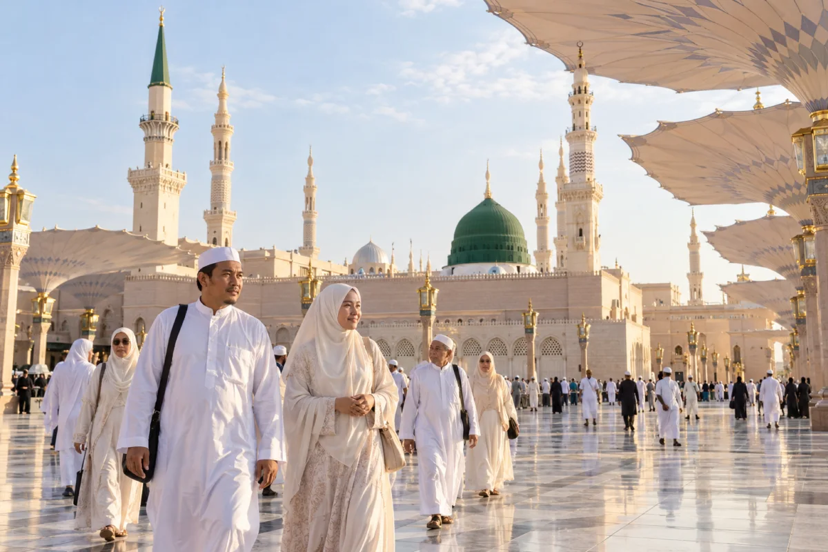 Ilustrasi jamaah di halaman Masjid Nabawi