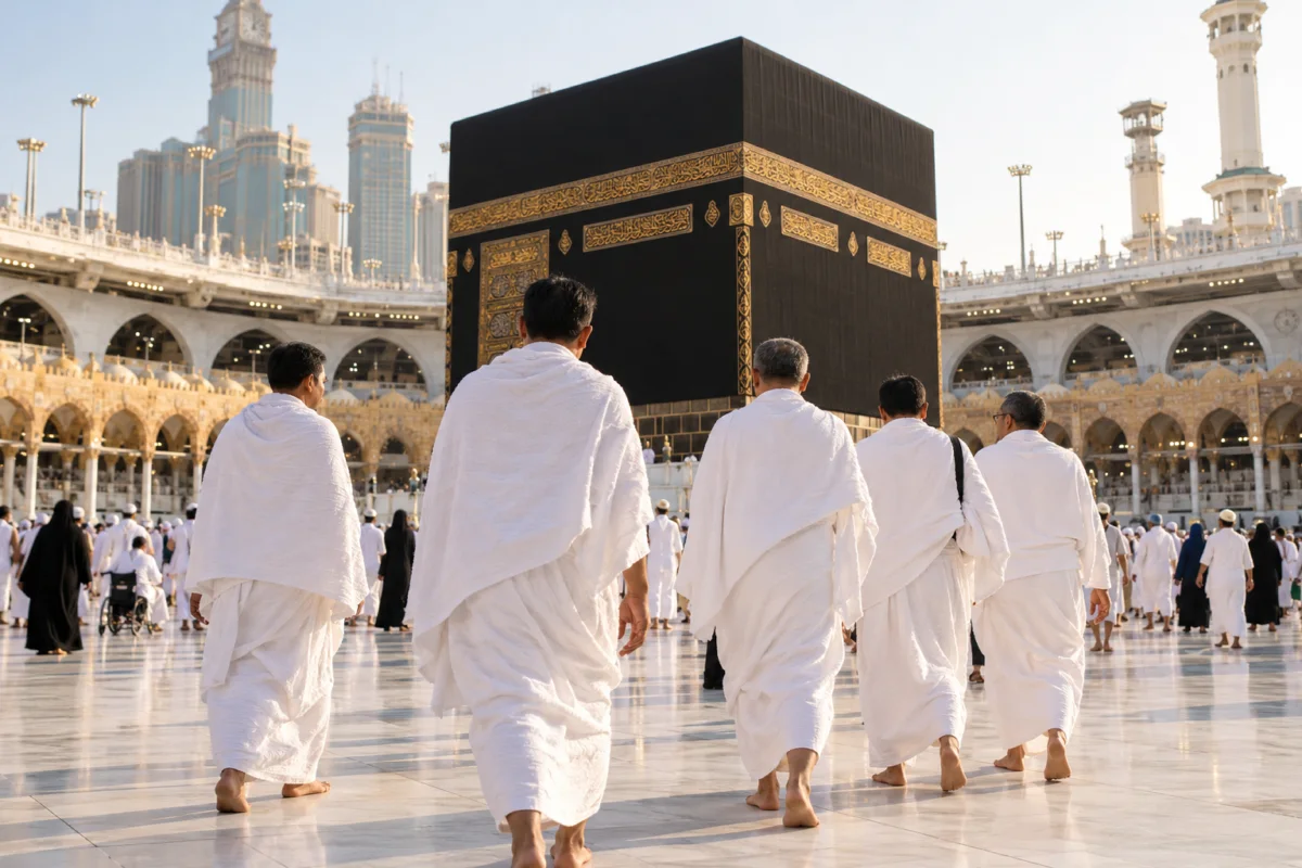 Ilustrasi jamaah berkain ihram di depan Kaabah